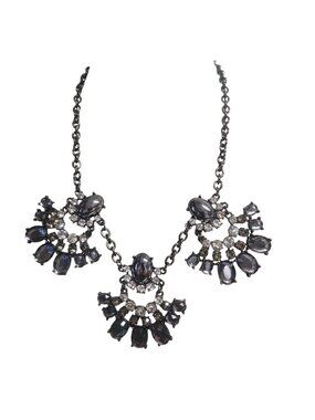 Statement Bib Necklace With Black & Clear Rhinestones On Gunmetal tone Chain